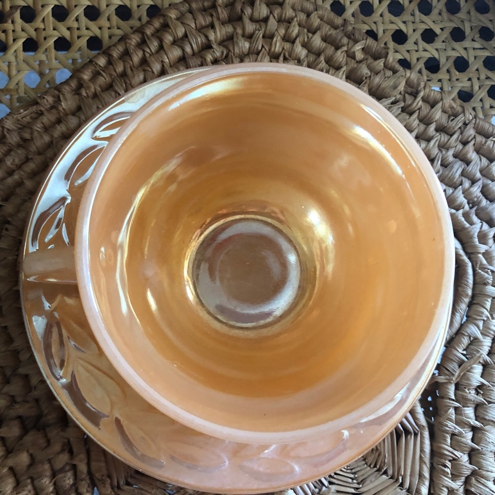 Fire King Peach Lustre 3 Piece Set Tea Cup & Saucer with Sugar Bowl - Picture 6 of 12